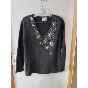 J Jill Charcoal Gray Snowflake Beaded V Neck Petite‎ Sweater Size S
